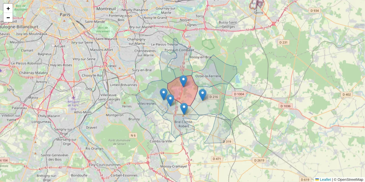 Carte de la zone du code postal  et des codes postaux voisins en France