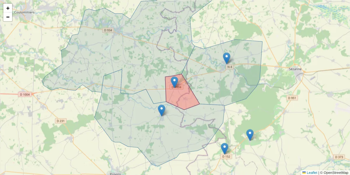 Carte de la zone du code postal  et des codes postaux voisins en France