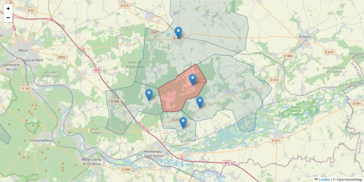Carte de la zone du code postal  et des codes postaux voisins en France