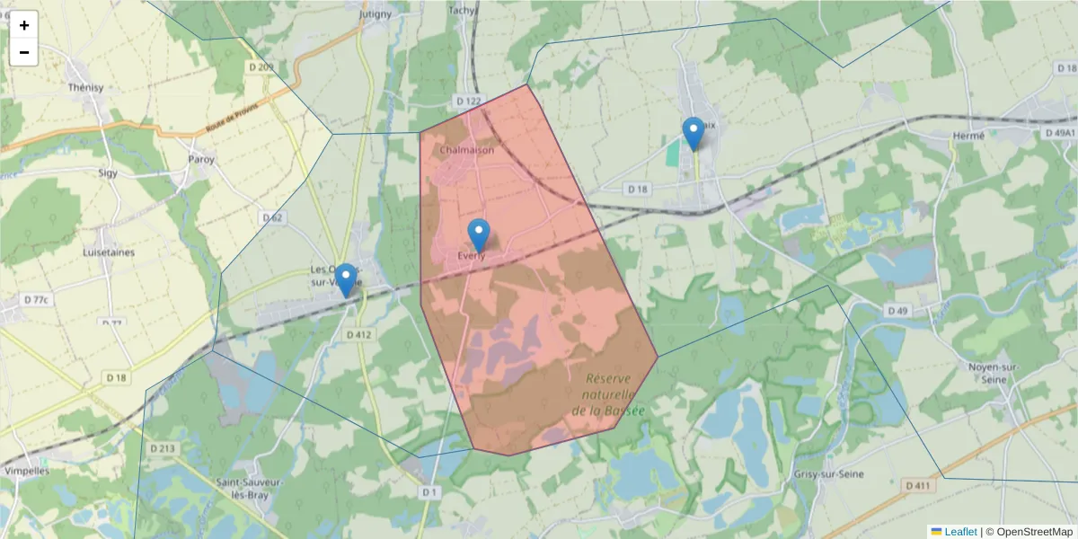Carte de la zone du code postal  et des codes postaux voisins en France