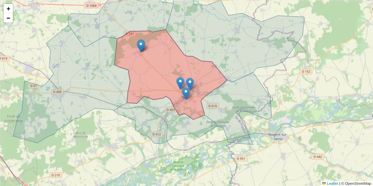 Carte de la zone du code postal  et des codes postaux voisins en France