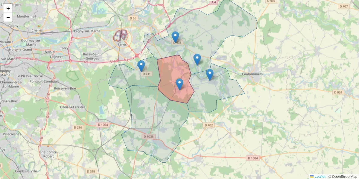 Carte de la zone du code postal  et des codes postaux voisins en France