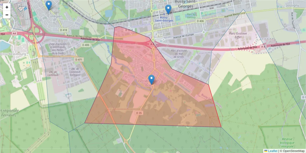 Carte de la zone du code postal  et des codes postaux voisins en France