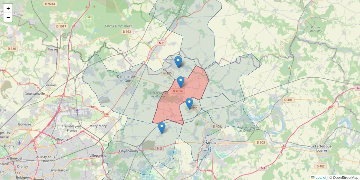 Carte de la zone du code postal  et des codes postaux voisins en France