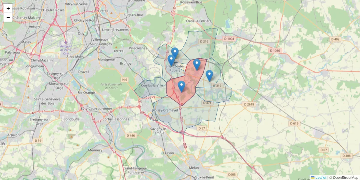 Carte de la zone du code postal  et des codes postaux voisins en France