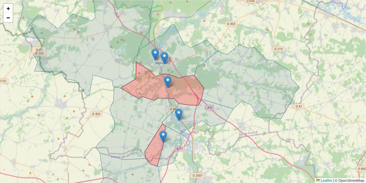 Carte de la zone du code postal  et des codes postaux voisins en France