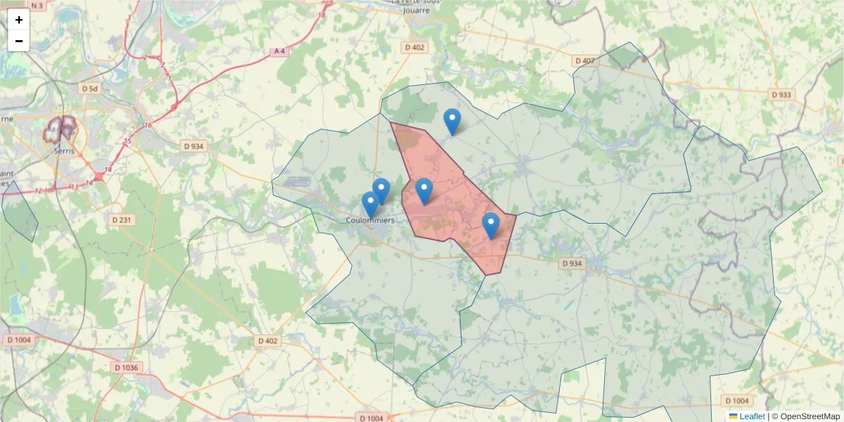 Carte de la zone du code postal  et des codes postaux voisins en France