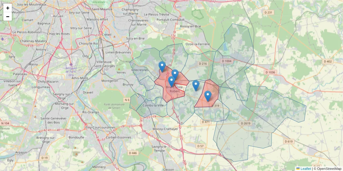 Carte de la zone du code postal  et des codes postaux voisins en France