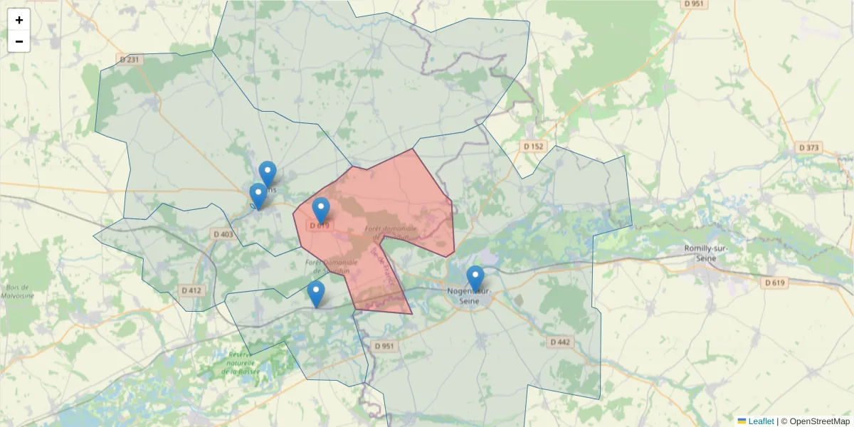 Carte de la zone du code postal  et des codes postaux voisins en France