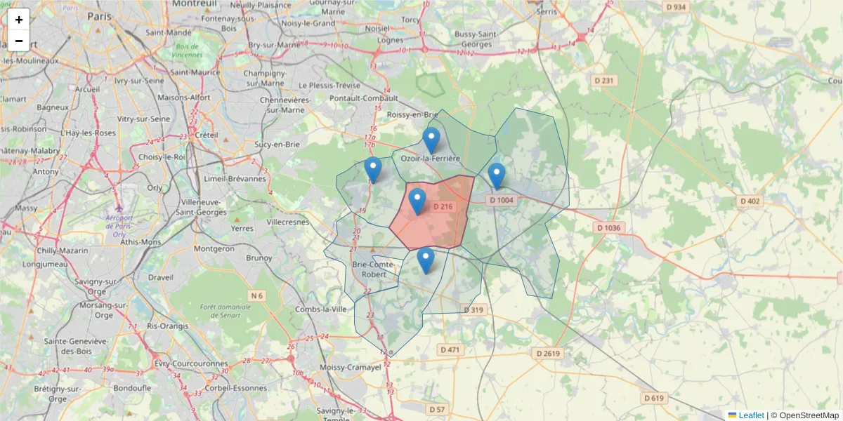 Carte de la zone du code postal  et des codes postaux voisins en France