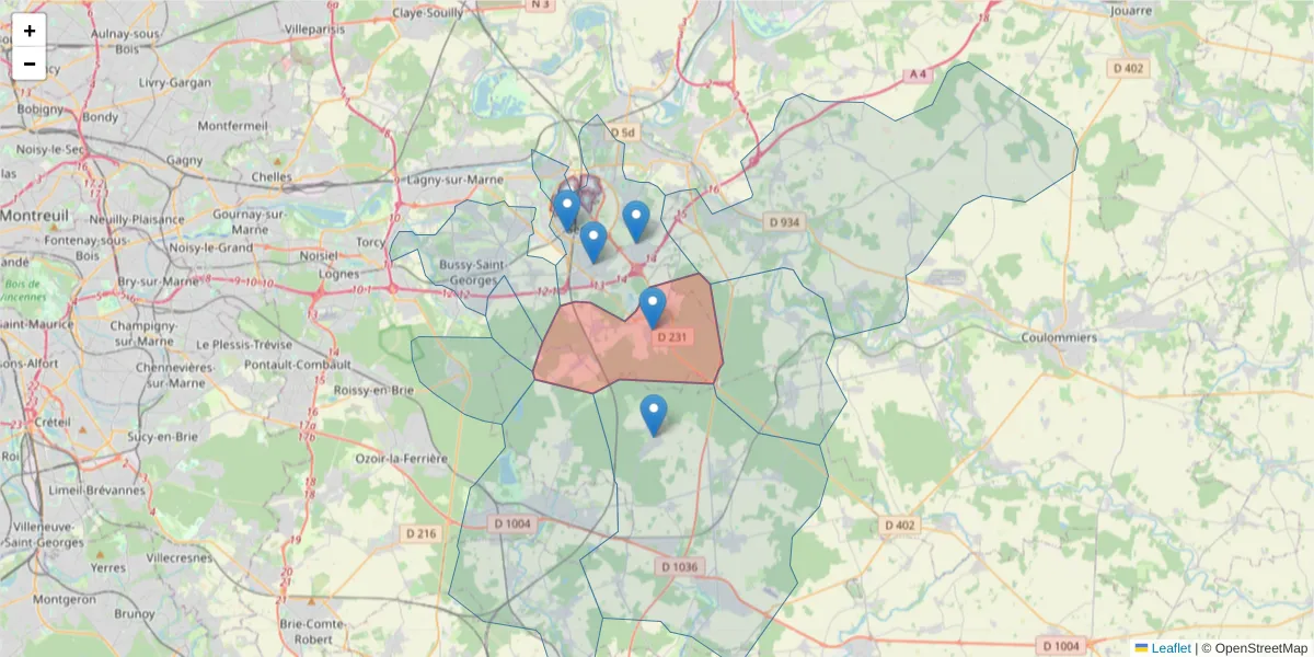 Carte de la zone du code postal  et des codes postaux voisins en France