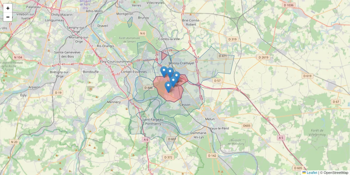 Carte de la zone du code postal  et des codes postaux voisins en France