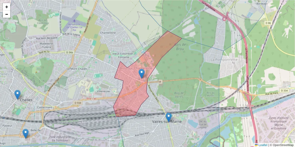 Carte de la zone du code postal  et des codes postaux voisins en France
