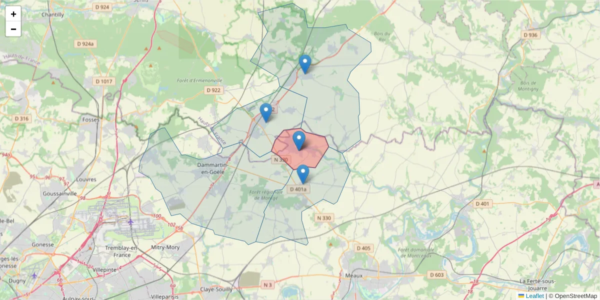 Carte de la zone du code postal  et des codes postaux voisins en France