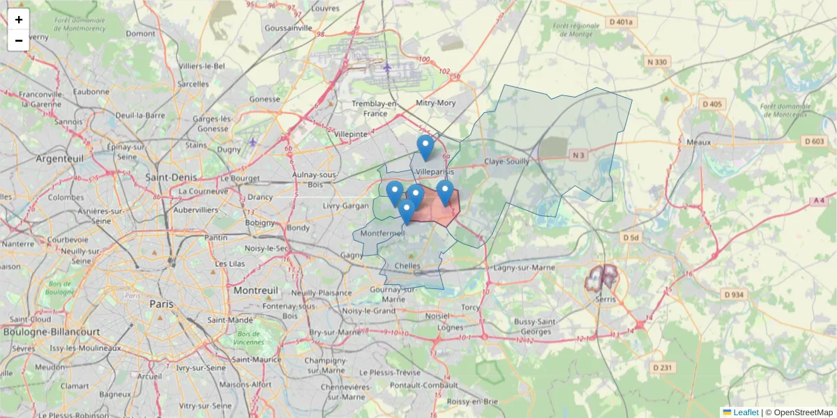 Carte de la zone du code postal  et des codes postaux voisins en France