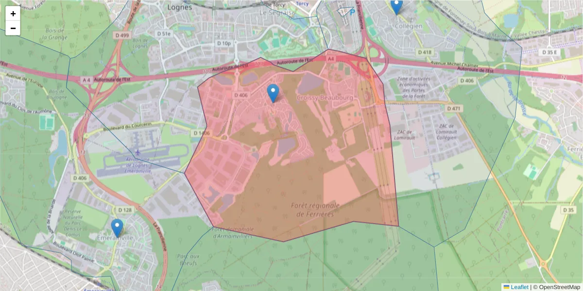 Carte de la zone du code postal  et des codes postaux voisins en France