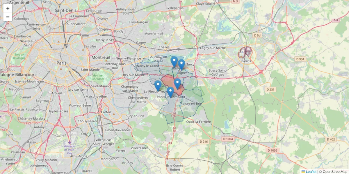 Carte de la zone du code postal  et des codes postaux voisins en France