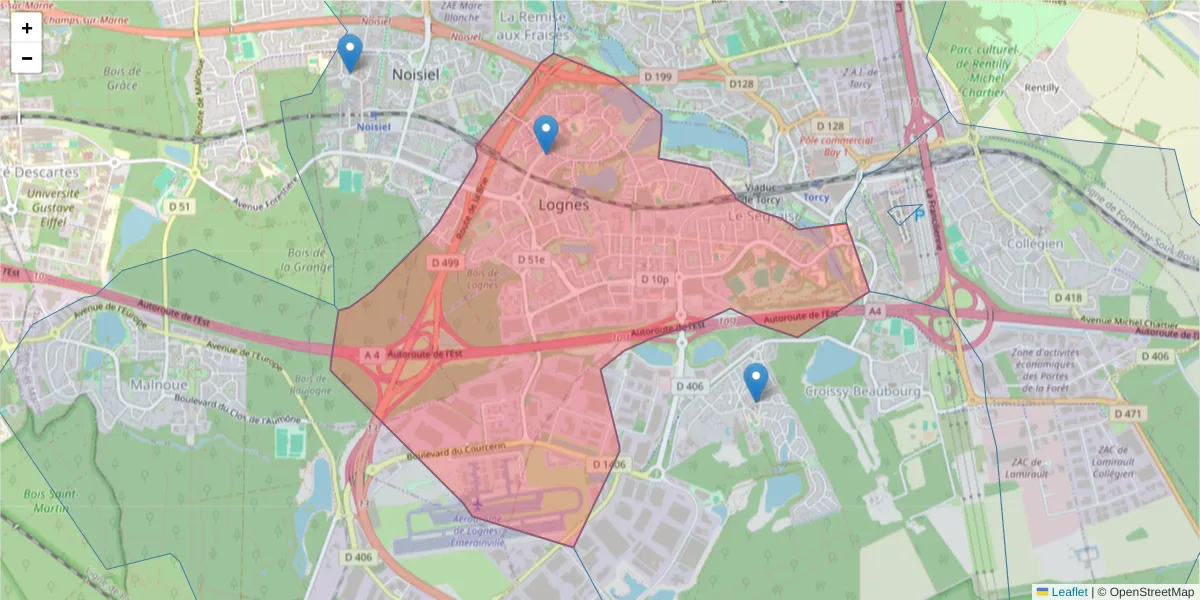 Carte de la zone du code postal  et des codes postaux voisins en France