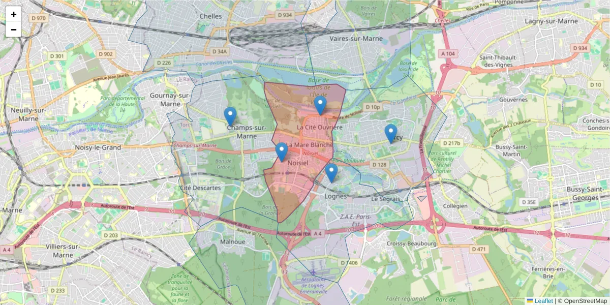 Carte de la zone du code postal  et des codes postaux voisins en France