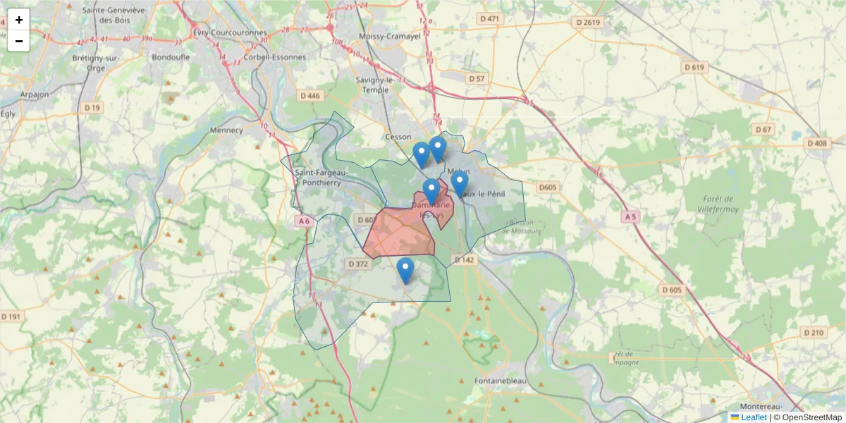 Carte de la zone du code postal  et des codes postaux voisins en France