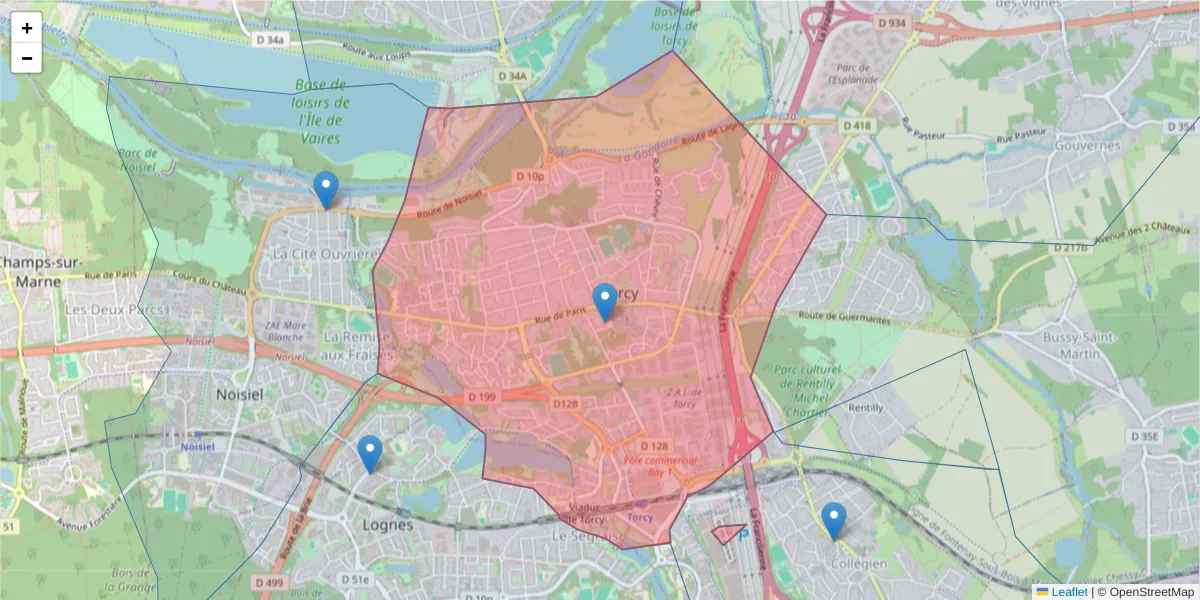 Carte de la zone du code postal  et des codes postaux voisins en France