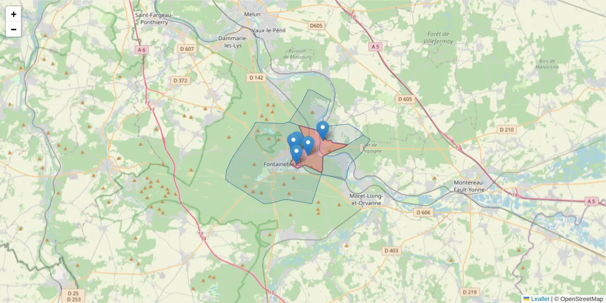 Carte de la zone du code postal  et des codes postaux voisins en France