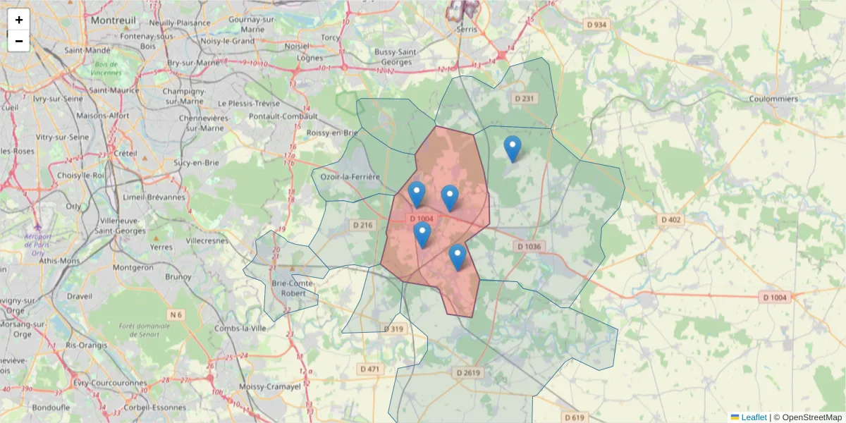 Carte de la zone du code postal  et des codes postaux voisins en France