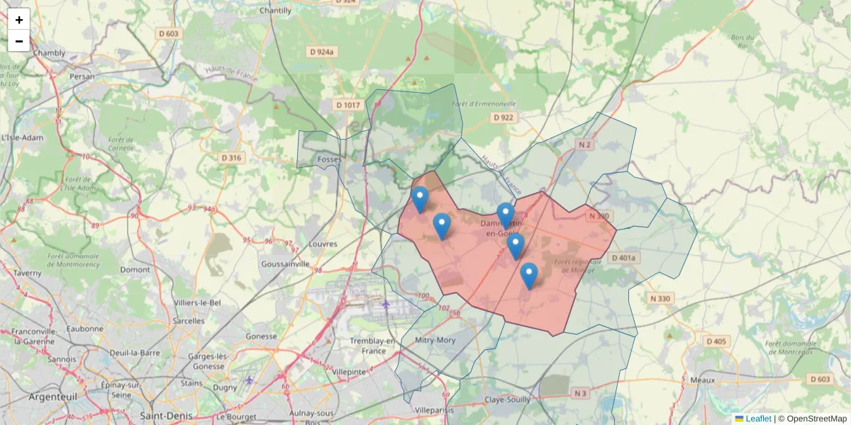 Carte de la zone du code postal  et des codes postaux voisins en France