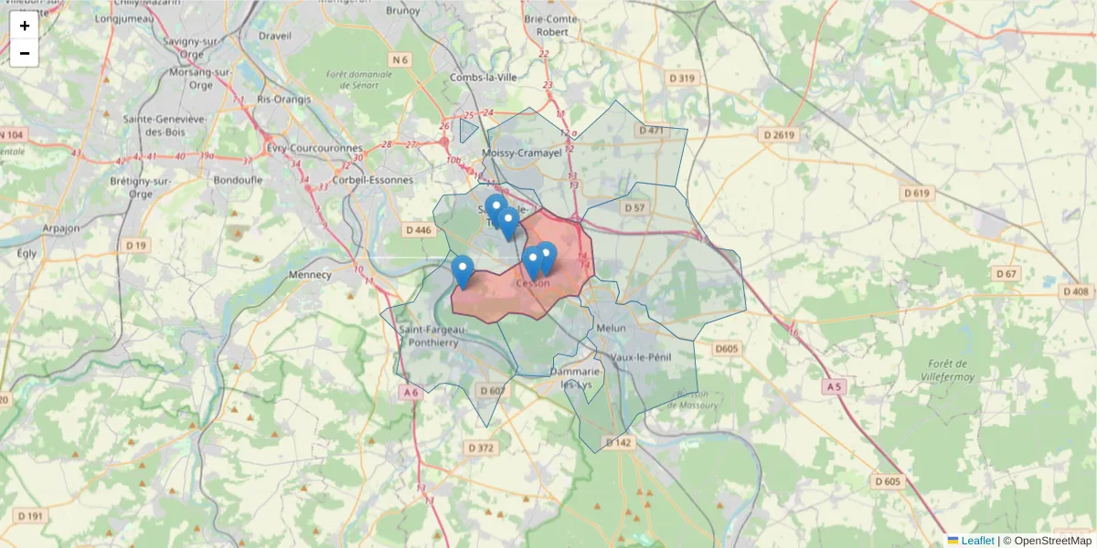 Carte de la zone du code postal  et des codes postaux voisins en France