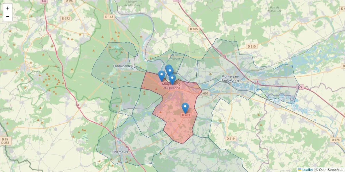 Carte de la zone du code postal  et des codes postaux voisins en France