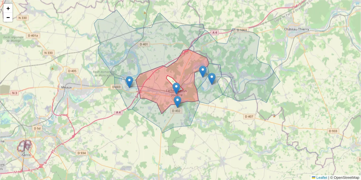 Carte de la zone du code postal  et des codes postaux voisins en France