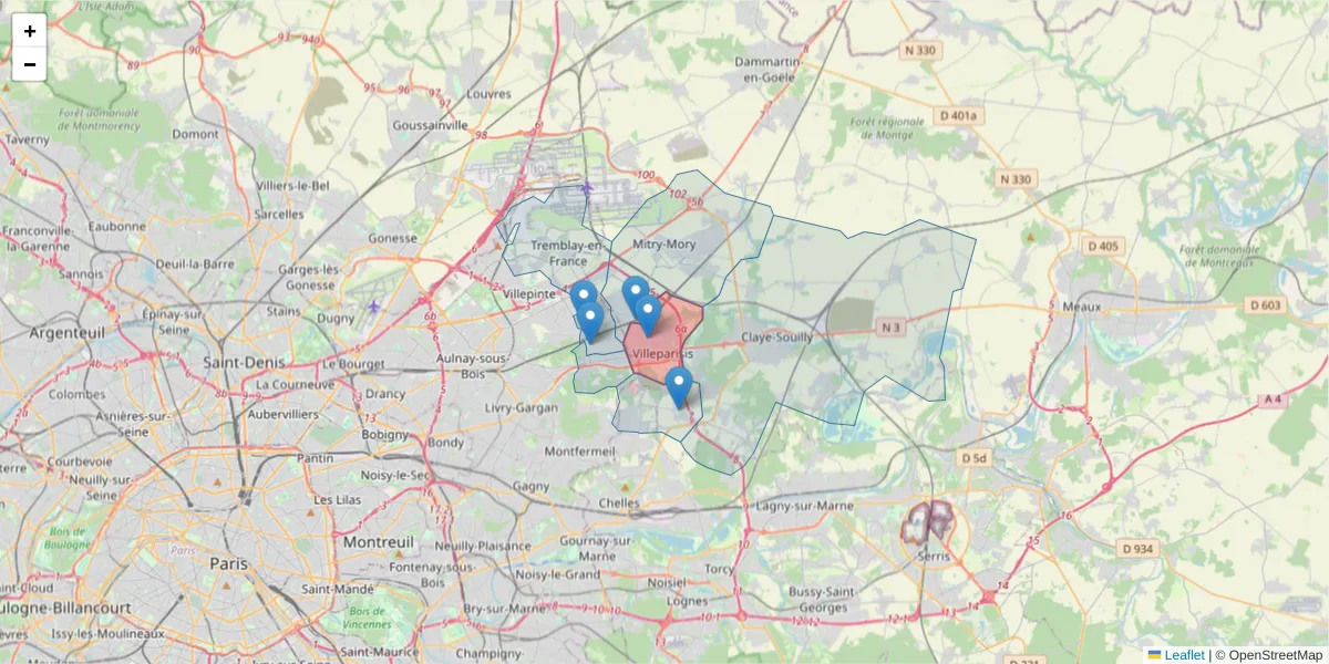 Carte de la zone du code postal  et des codes postaux voisins en France