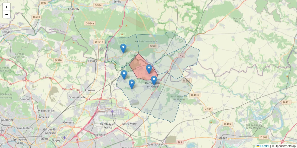 Carte de la zone du code postal  et des codes postaux voisins en France