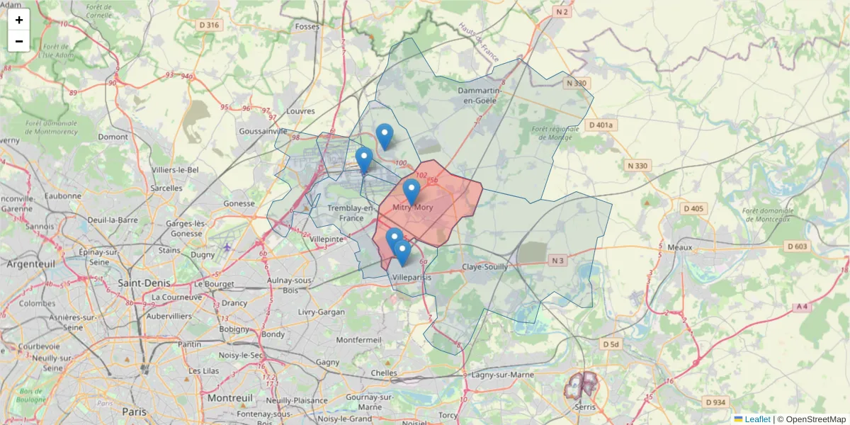 Carte de la zone du code postal  et des codes postaux voisins en France