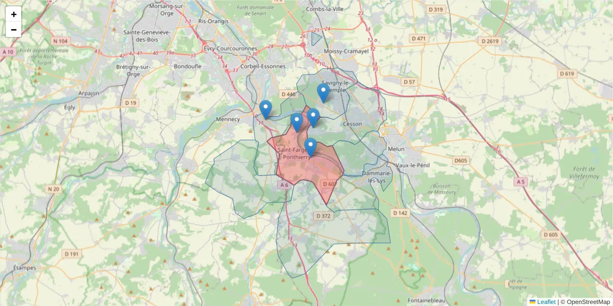 Carte de la zone du code postal  et des codes postaux voisins en France