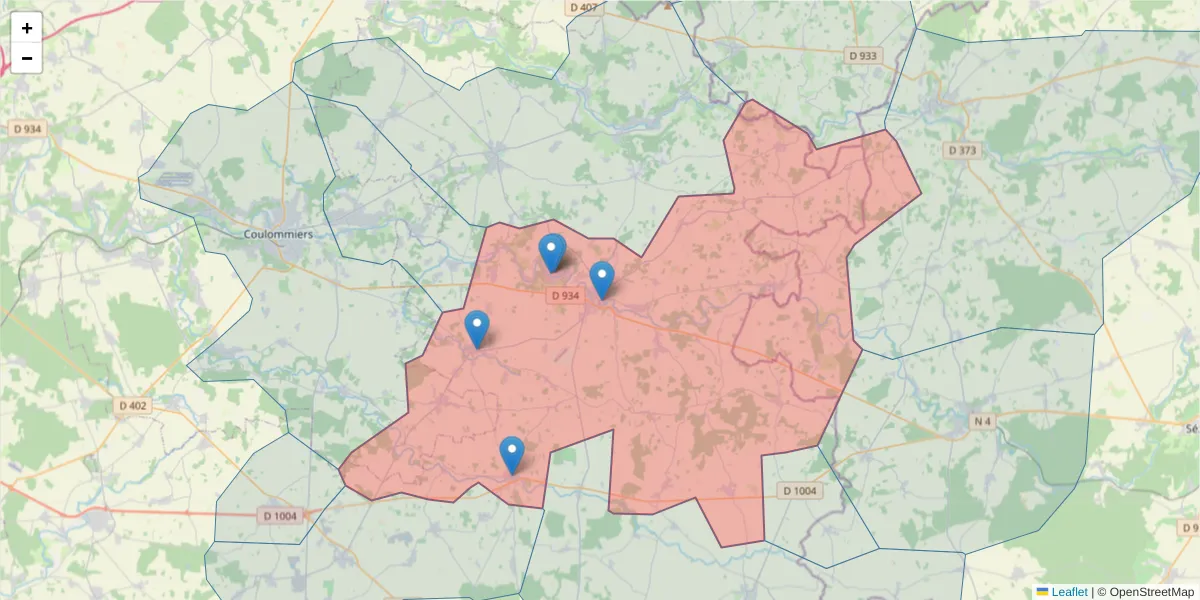 Carte de la zone du code postal  et des codes postaux voisins en France