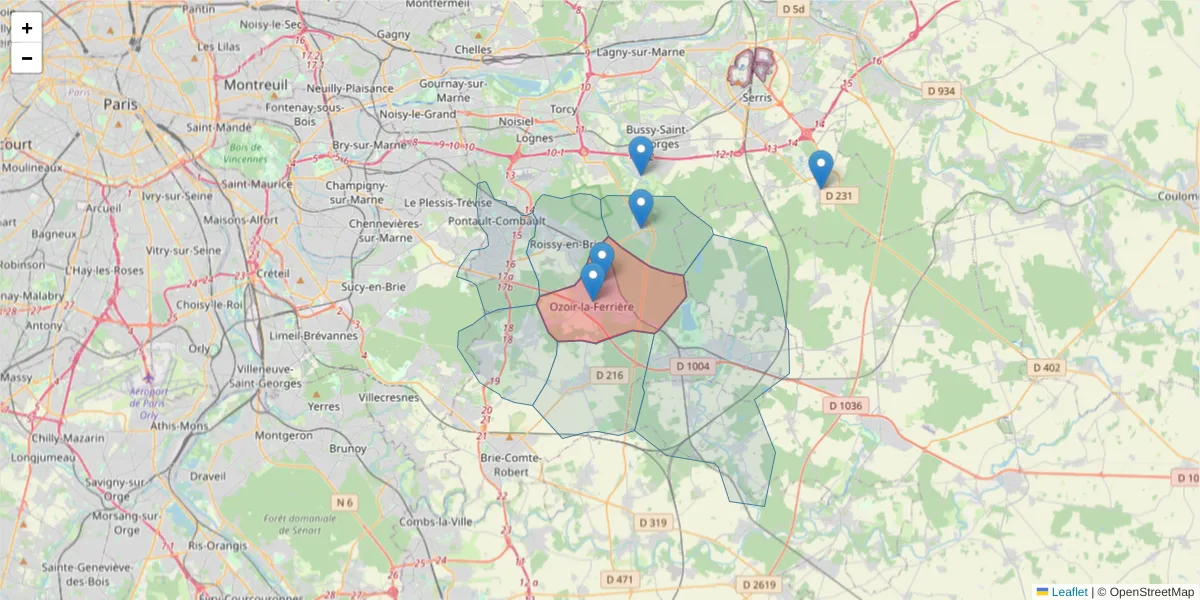 Carte de la zone du code postal  et des codes postaux voisins en France