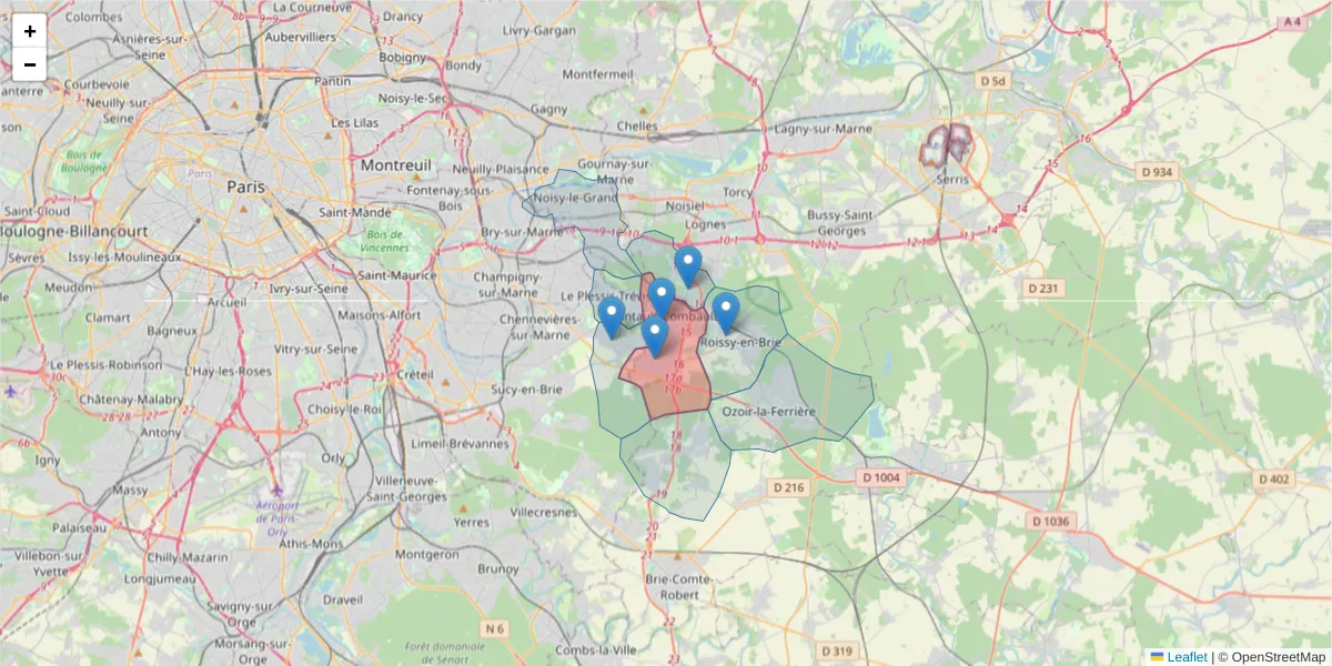 Carte de la zone du code postal  et des codes postaux voisins en France