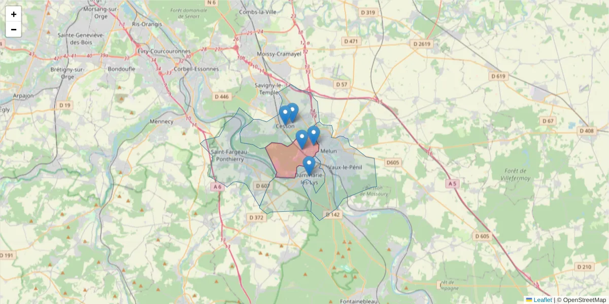 Carte de la zone du code postal  et des codes postaux voisins en France