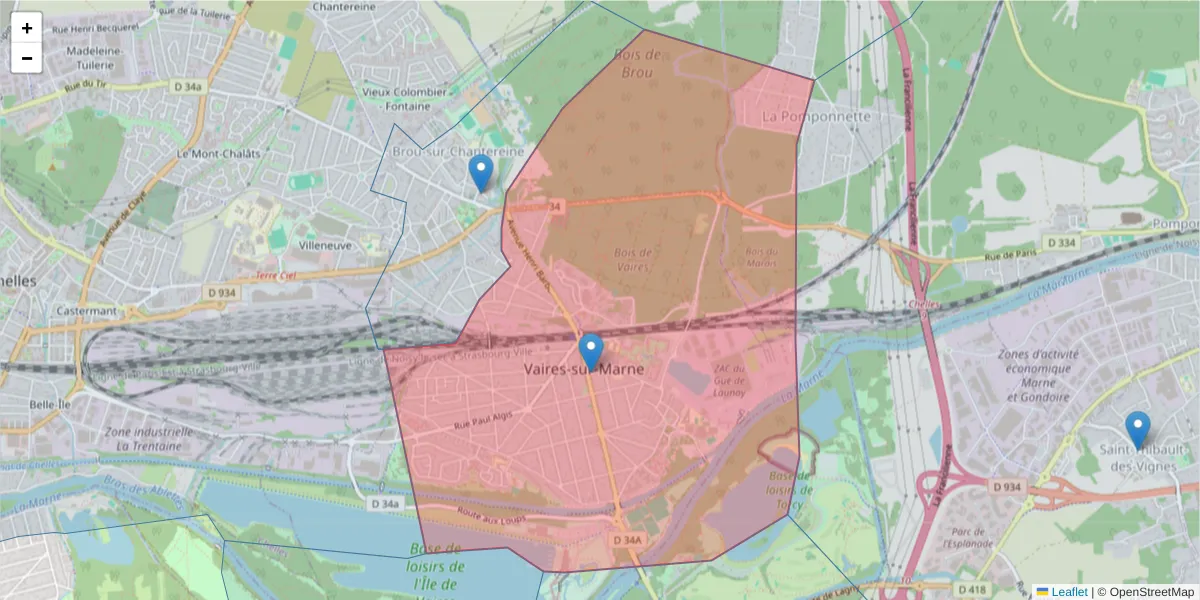Carte de la zone du code postal  et des codes postaux voisins en France
