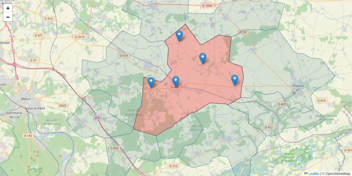 Carte de la zone du code postal  et des codes postaux voisins en France