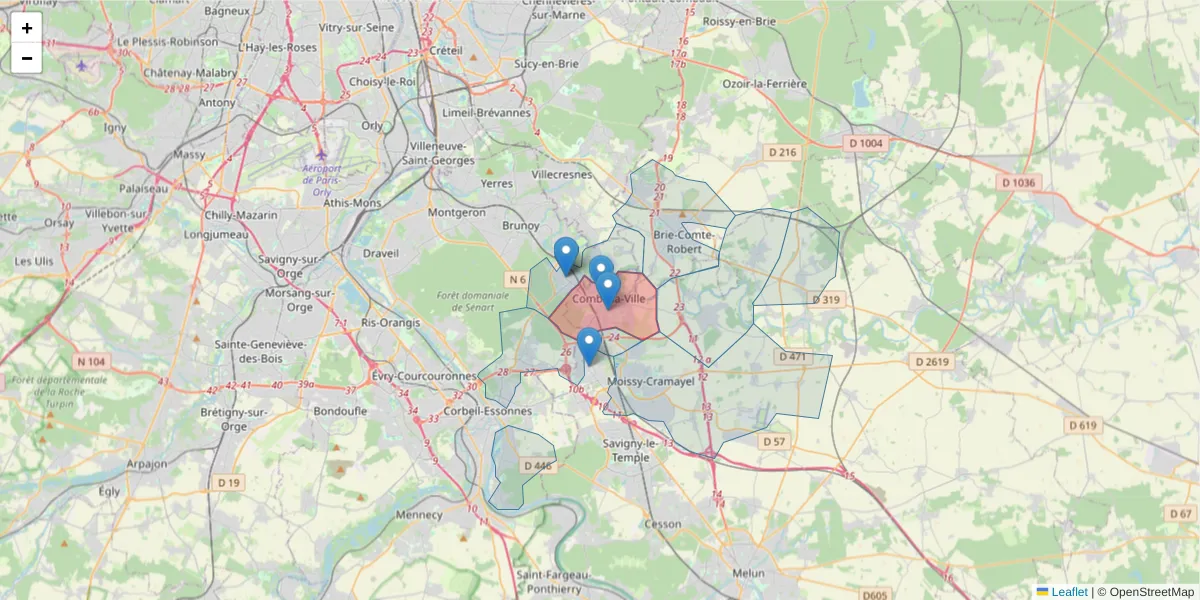 Carte de la zone du code postal  et des codes postaux voisins en France