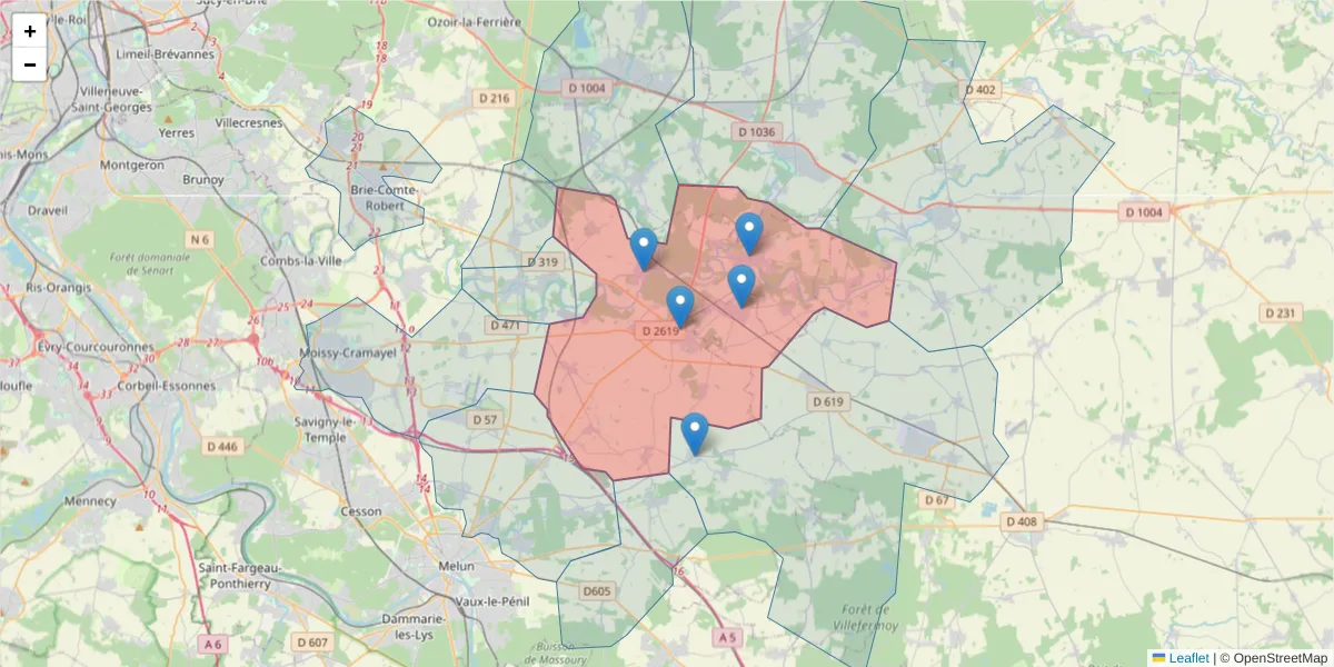 Carte de la zone du code postal  et des codes postaux voisins en France