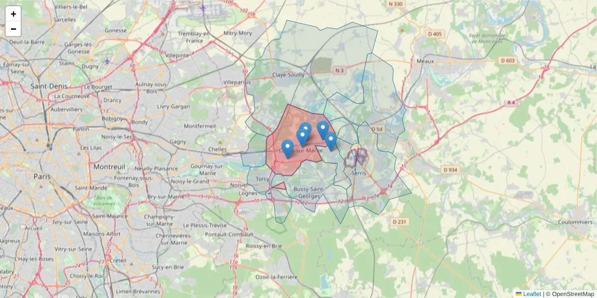 Carte de la zone du code postal  et des codes postaux voisins en France