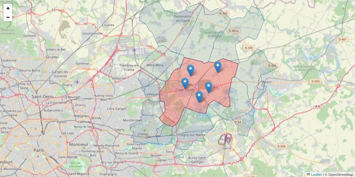 Carte de la zone du code postal  et des codes postaux voisins en France