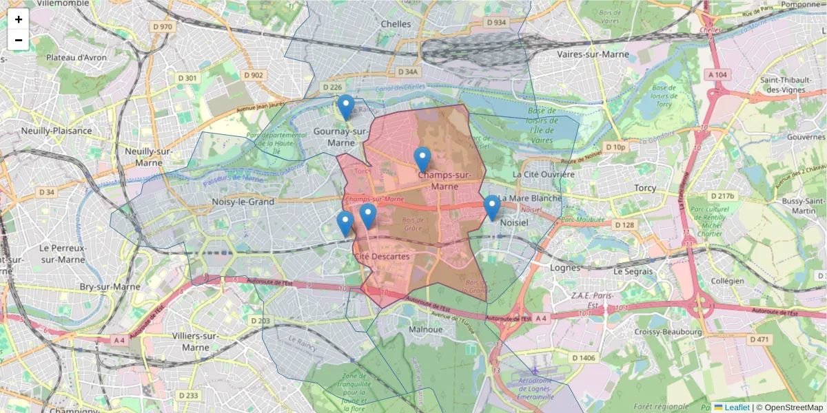 Carte de la zone du code postal  et des codes postaux voisins en France