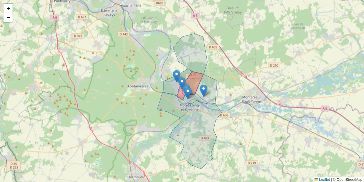 Carte de la zone du code postal  et des codes postaux voisins en France