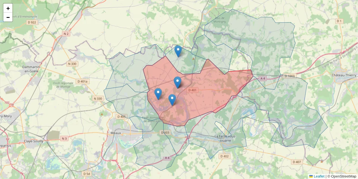 Carte de la zone du code postal  et des codes postaux voisins en France