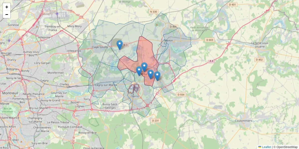 Carte de la zone du code postal  et des codes postaux voisins en France