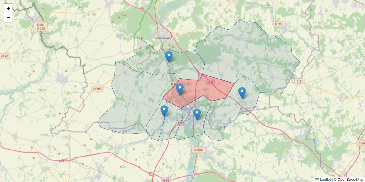 Carte de la zone du code postal  et des codes postaux voisins en France